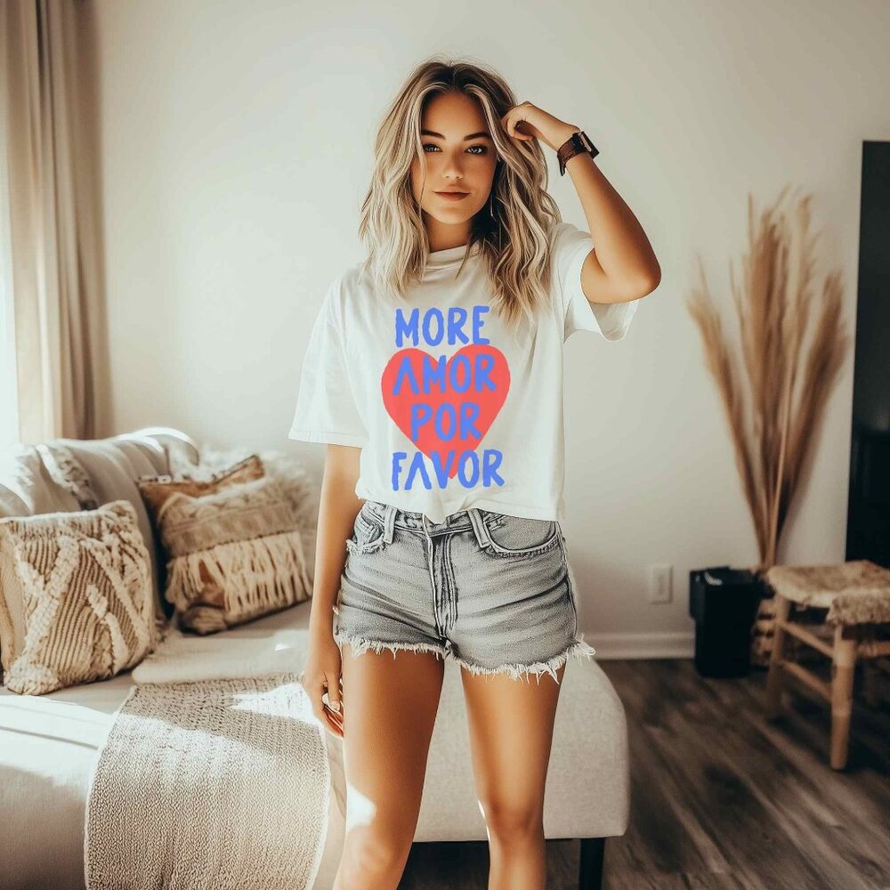 Euro Summer Vintage Style Heart White Graphic Tee with Blue and Red Print